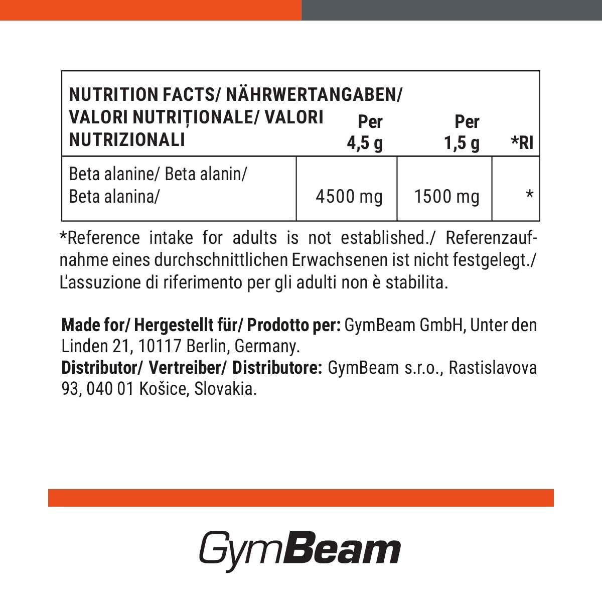 GymBeam Beta Alanina Polvere 250 g Gusto Neutro Pura