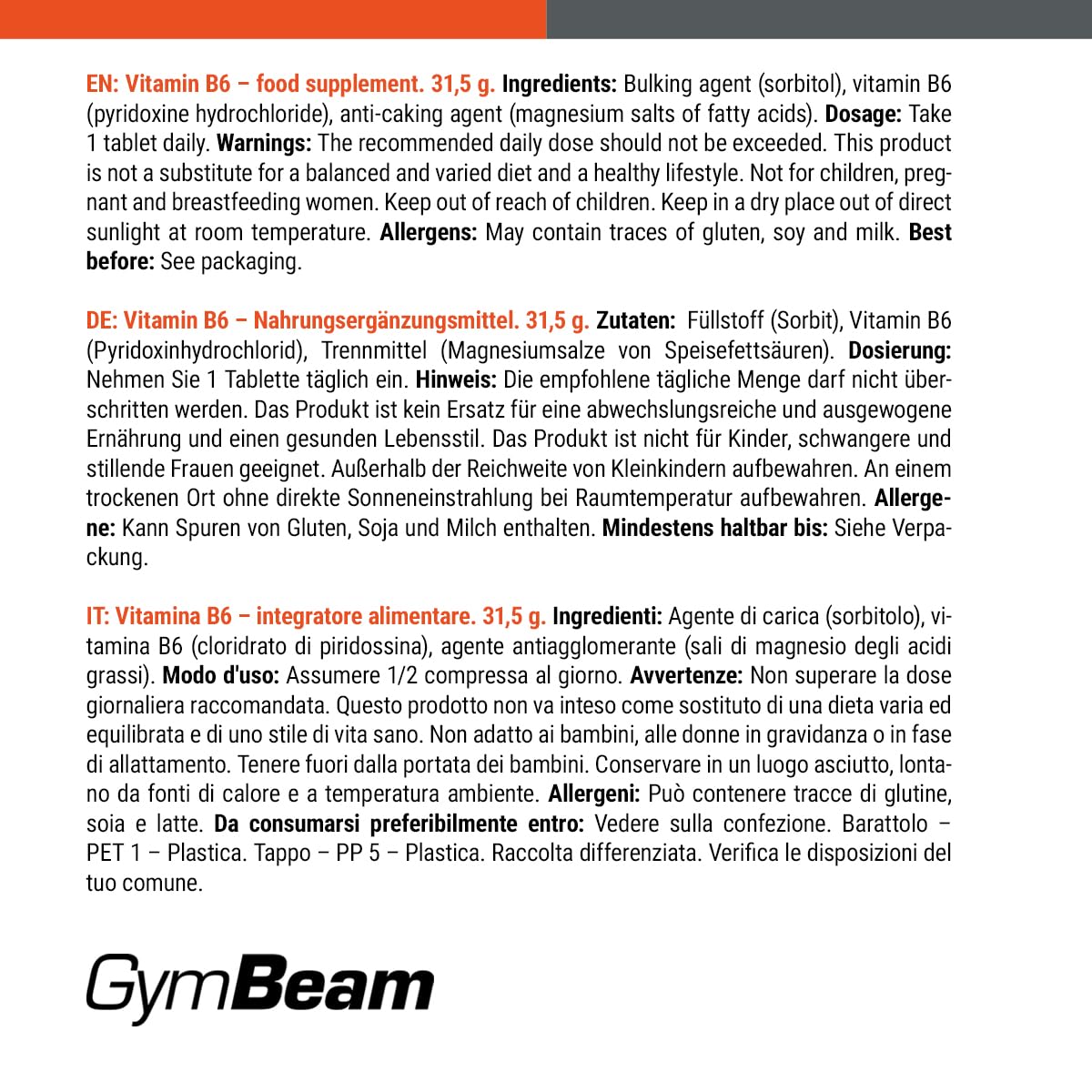 GymBeam Vitamina B6 90 Compresse Integratore Piridossina Fatica
