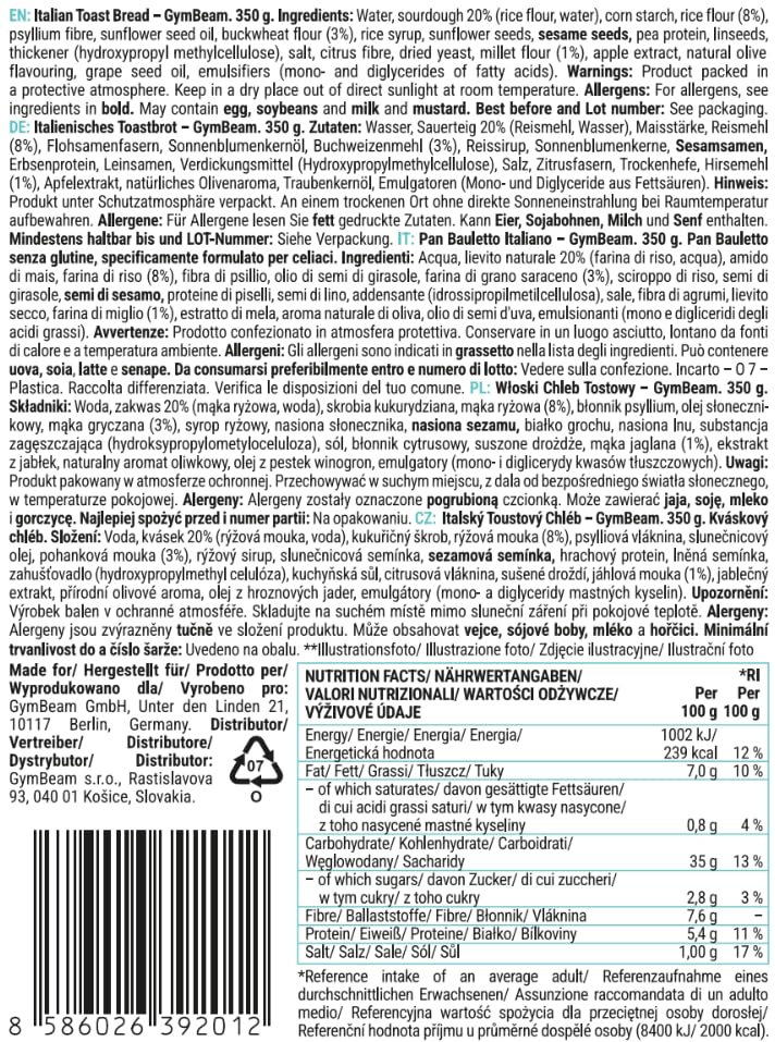 GymBeam Pane Bauletto Senza Glutine Semi Fibre 350 g