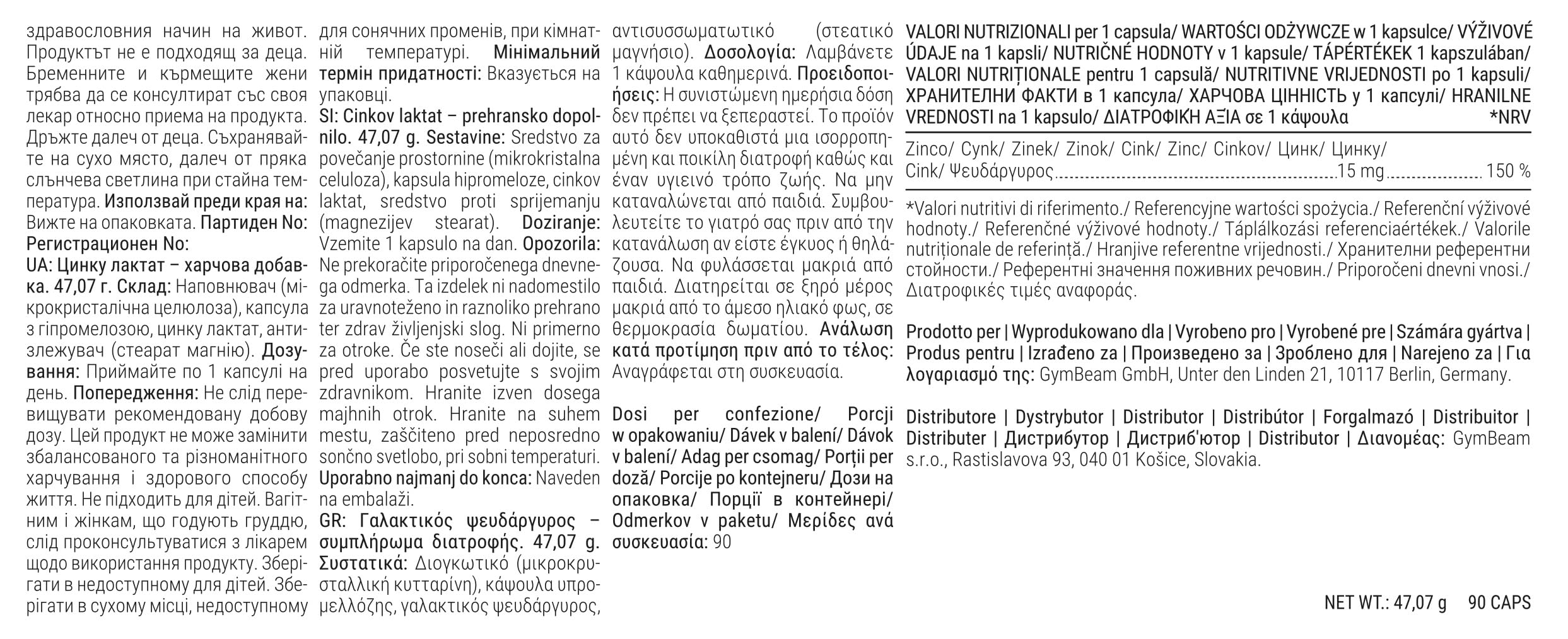 GymBeam Lattato di Zinco Capsule Vegane 15 mg