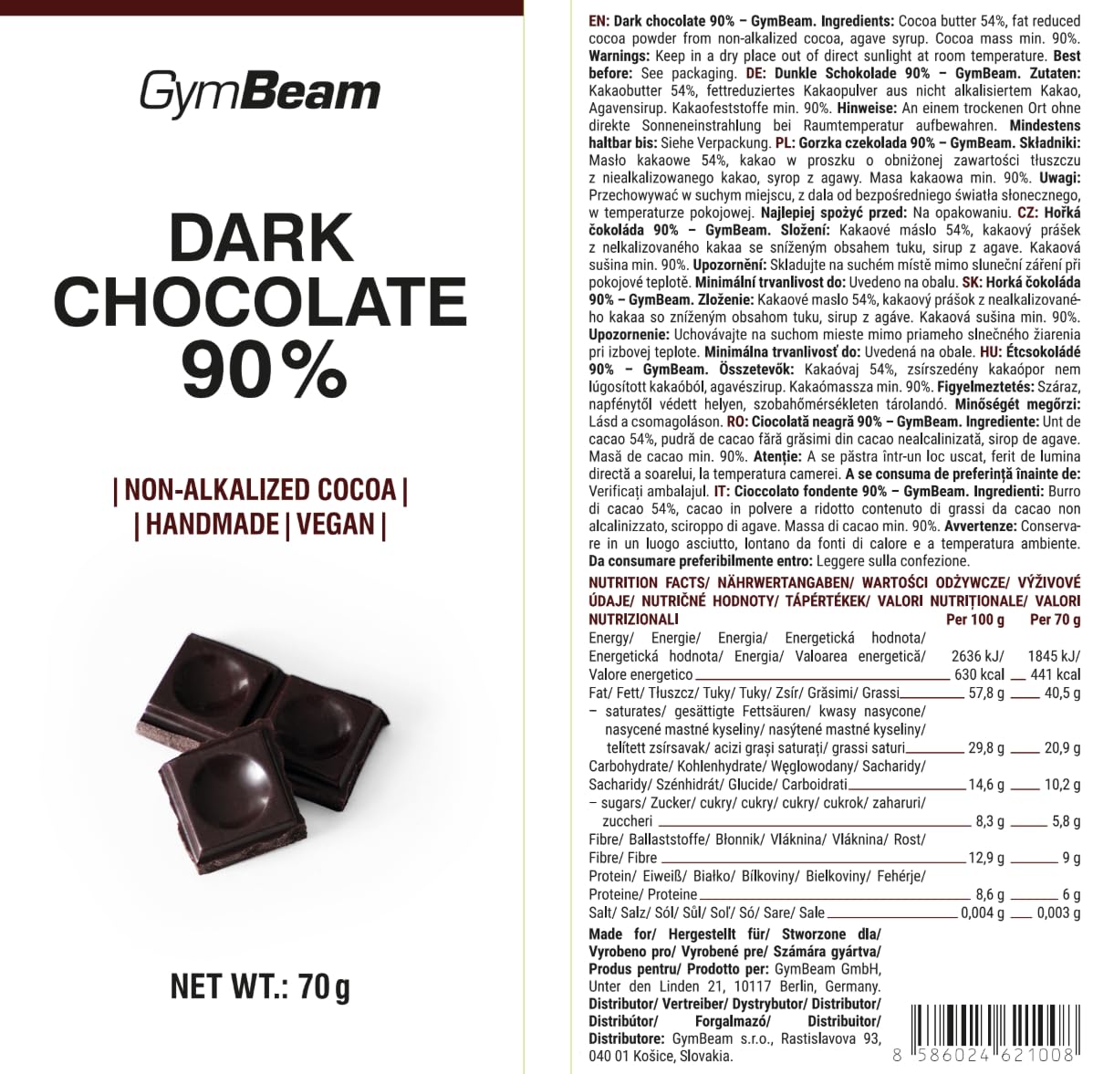 GymBeam Cioccolato Fondente 90% Vegano 70g Low Sugar