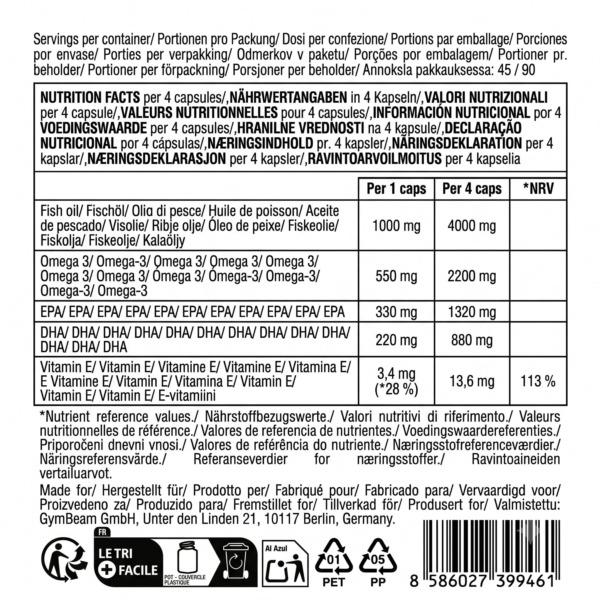 GymBeam Omega 3 Forte 90 Capsule Olio Pesce EPA DHA