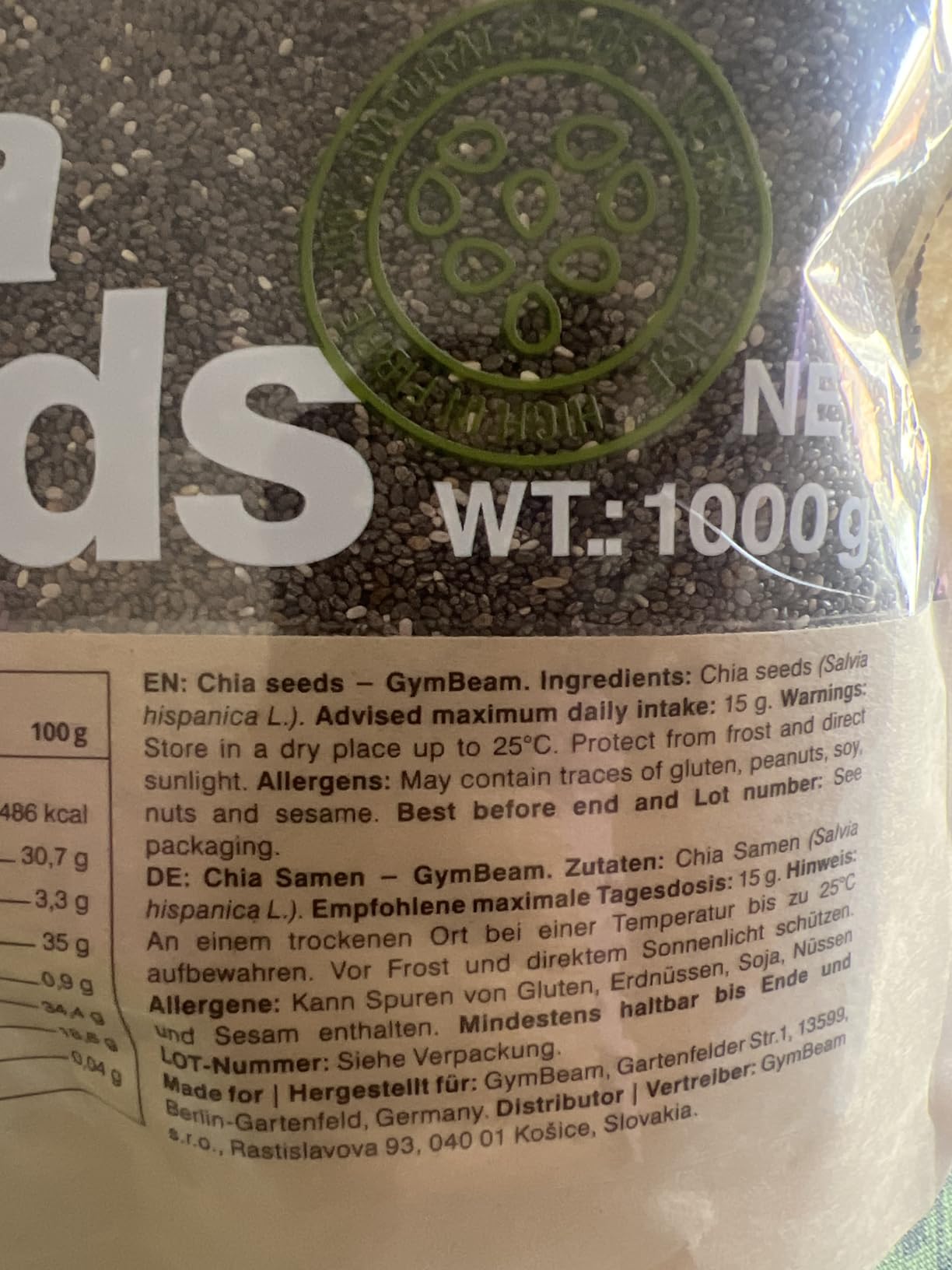GymBeam Alimentazione Semi di Chia superfood 900g vegani