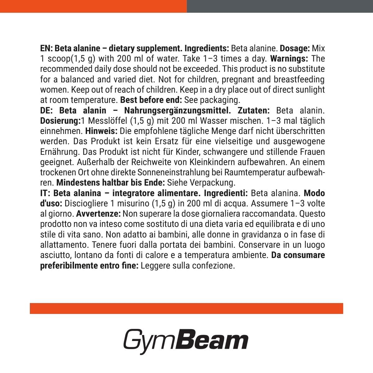 GymBeam Beta Alanina Polvere 250 g Gusto Neutro Pura
