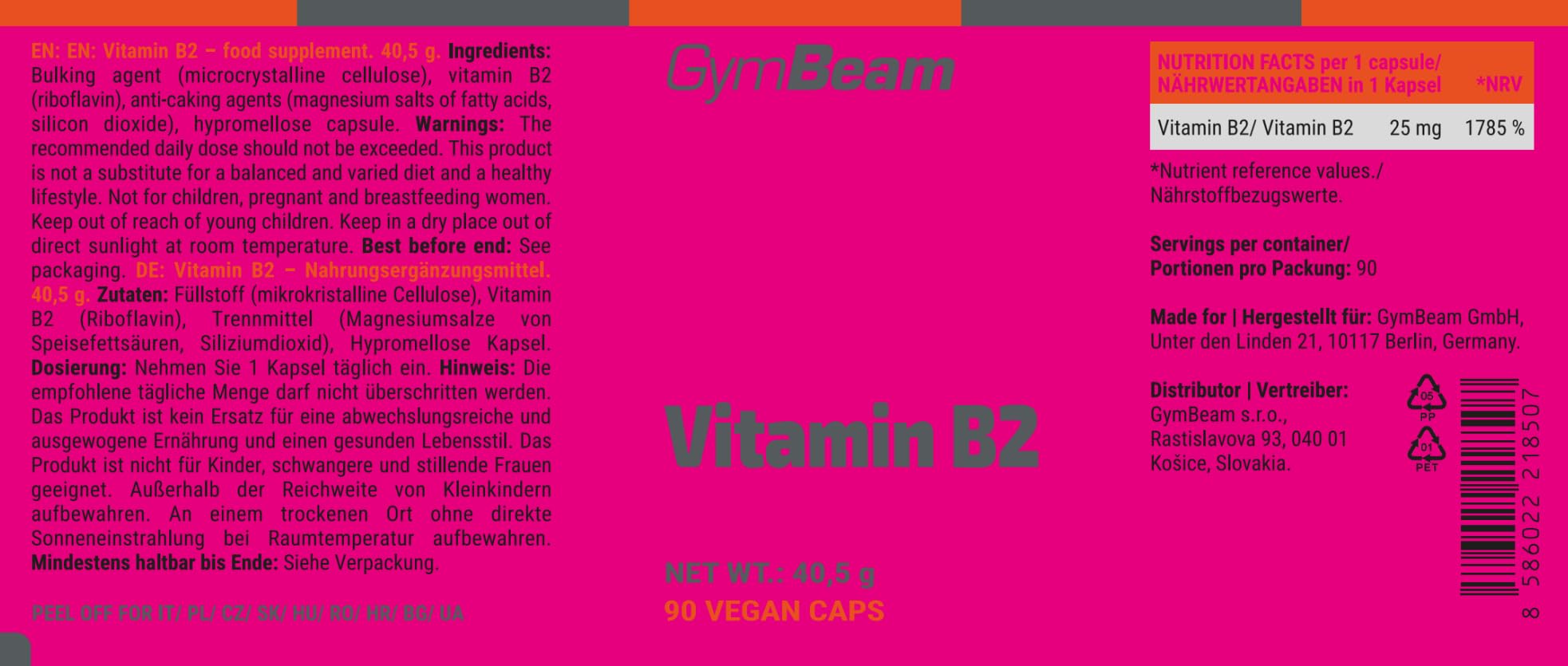 GymBeam Vitamina B2 Riboflavina 28mg 90 Capsule
