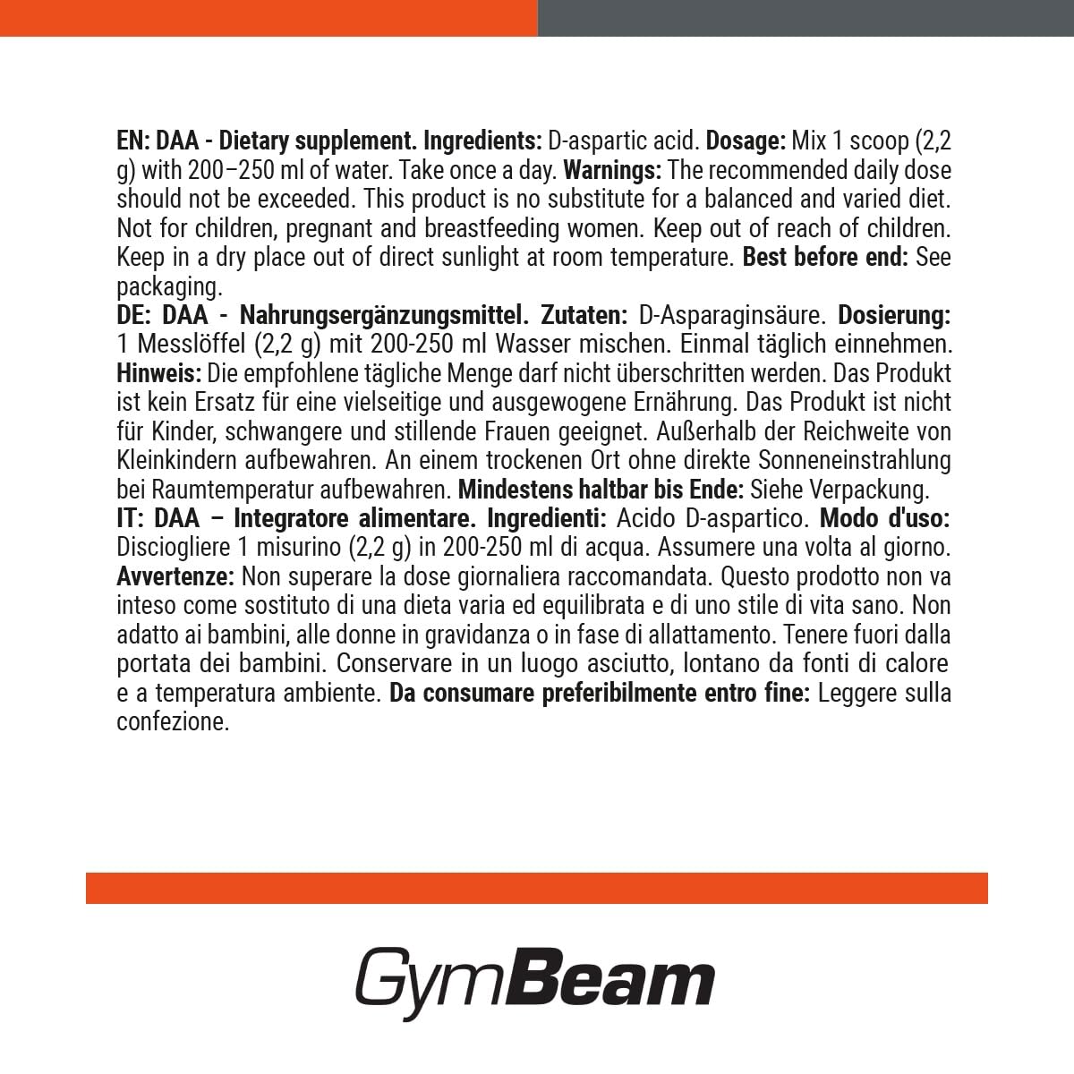 GymBeam DAA Acido D-Aspartico Polvere 250 g Vegano