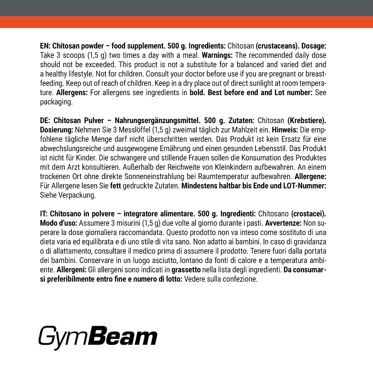 GymBeam Chitosano Polvere 500 g Fibra per Colesterolo