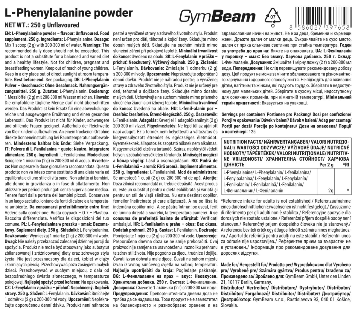 GymBeam L-Fenilalanina Polvere Amminoacido 250 g Vegan