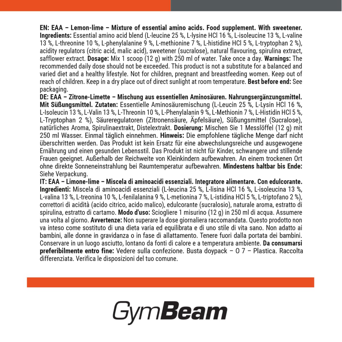 GymBeam EAA Amminoacidi Essenziali Polvere 500 g Limone Lime
