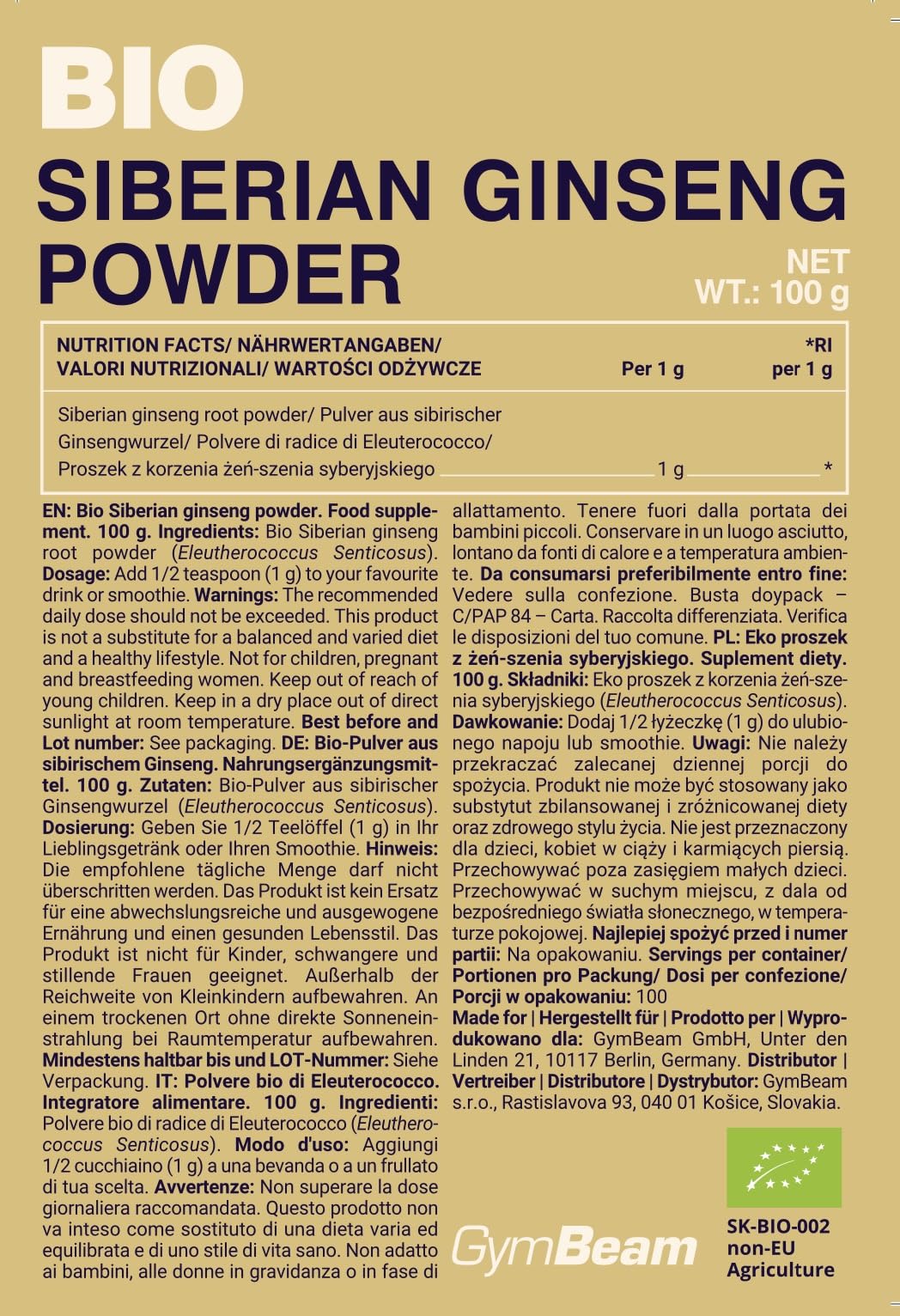 GymBeam Ginseng Siberiano Bio Polvere Vegana Energia