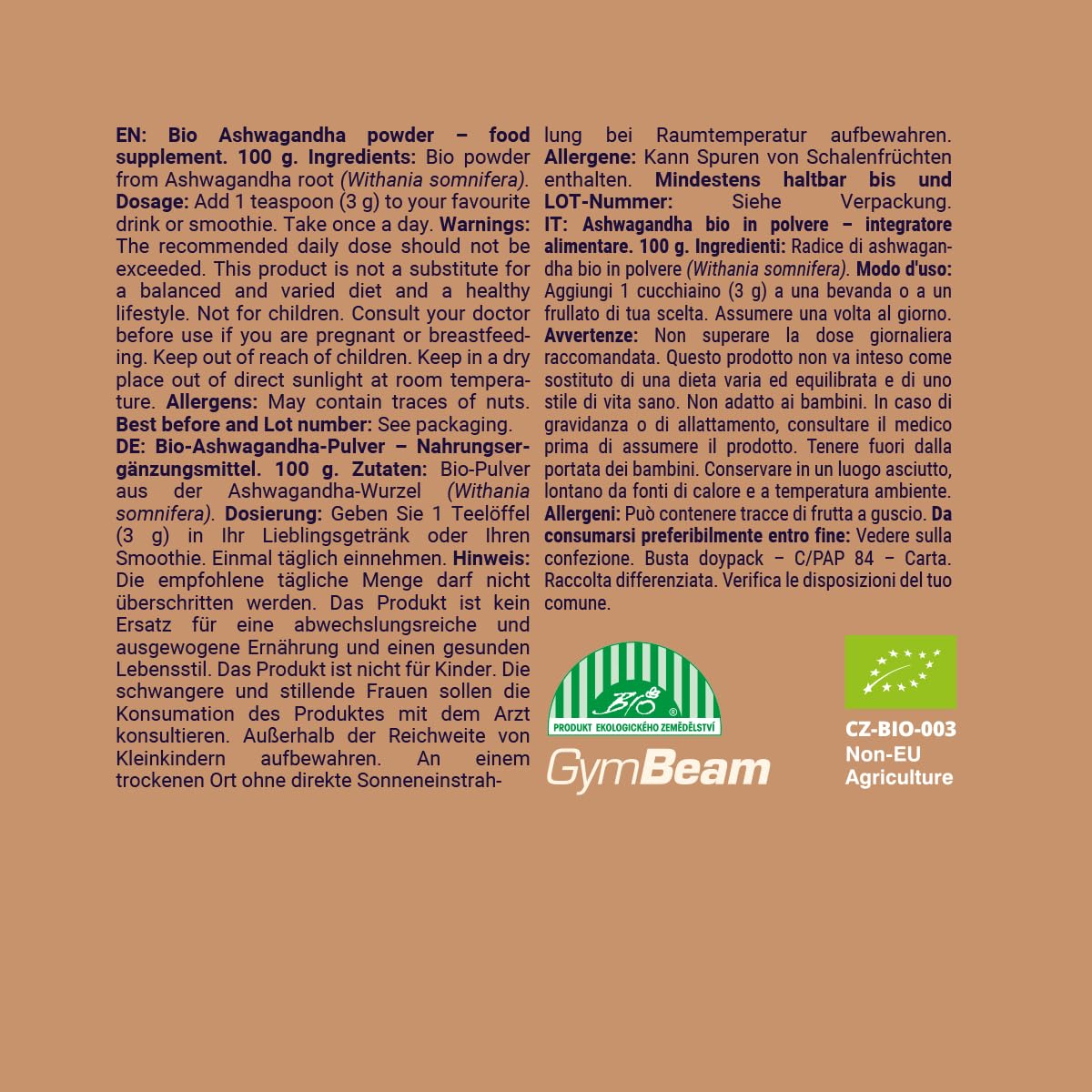 GymBeam Ashwagandha BIO Polvere 100g Adattogeno