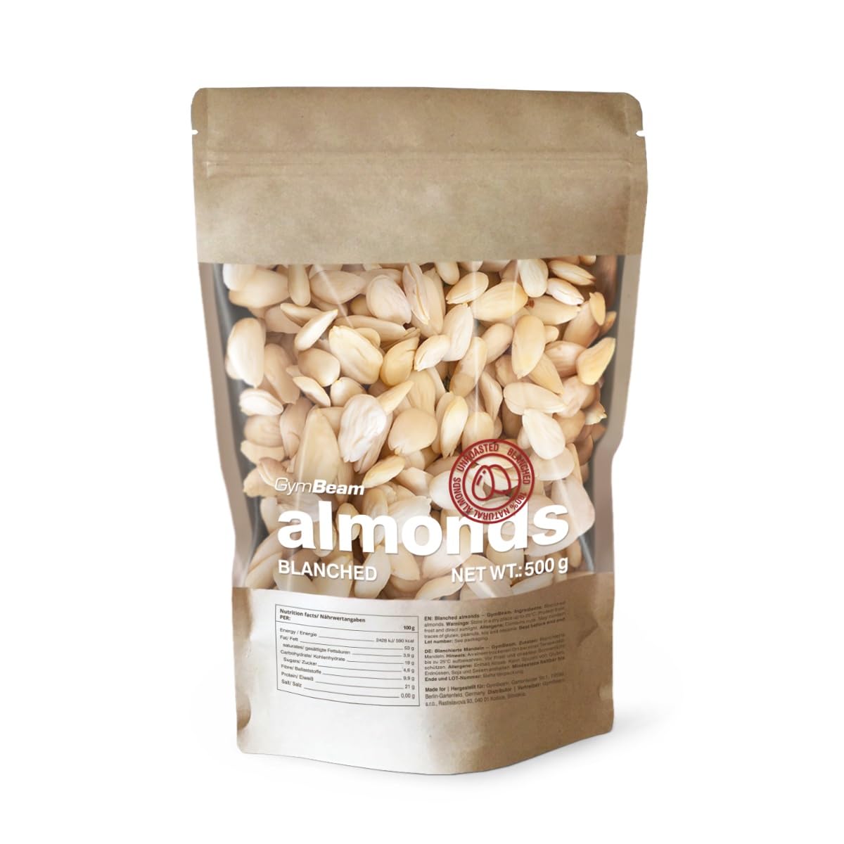 GymBeam Mandorle Pelate 500g Vegane Senza Sale Proteiche
