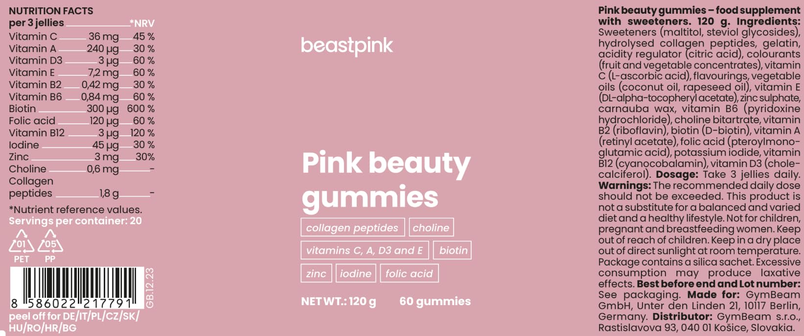 Pink Beauty Gummies Collagene Biotina Zinco 60pz Donna