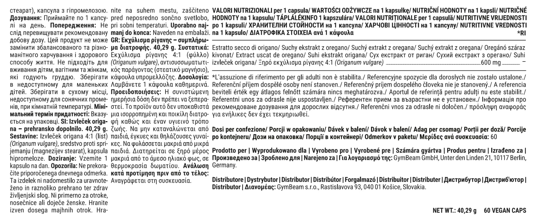 GymBeam Estratto di Origano Integratore 60 cps 600 mg