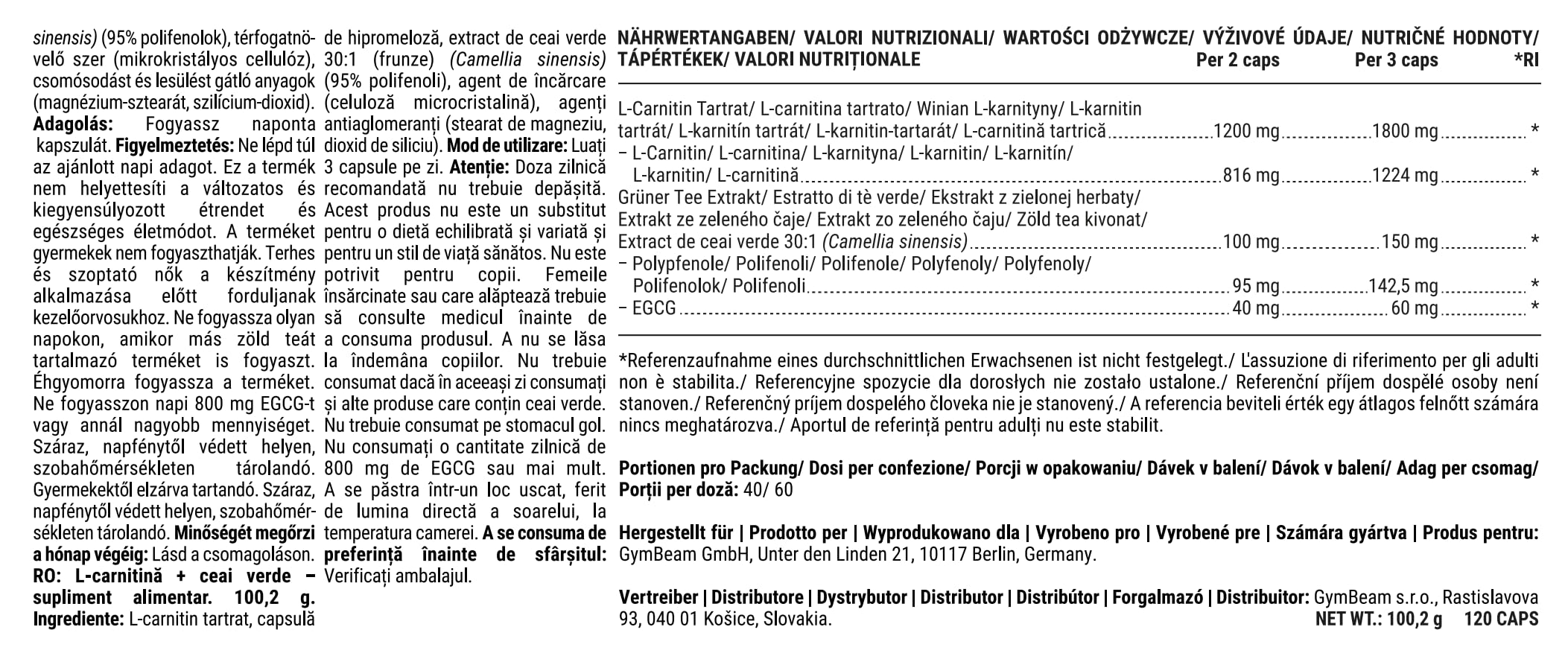GymBeam L-Carnitina Tè Verde Bruciagrassi 120 Capsule Vegane
