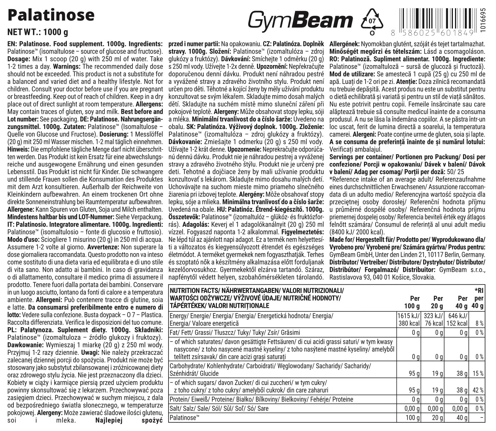 GymBeam Palatinosio Isomaltulosio Polvere 500g Vegano