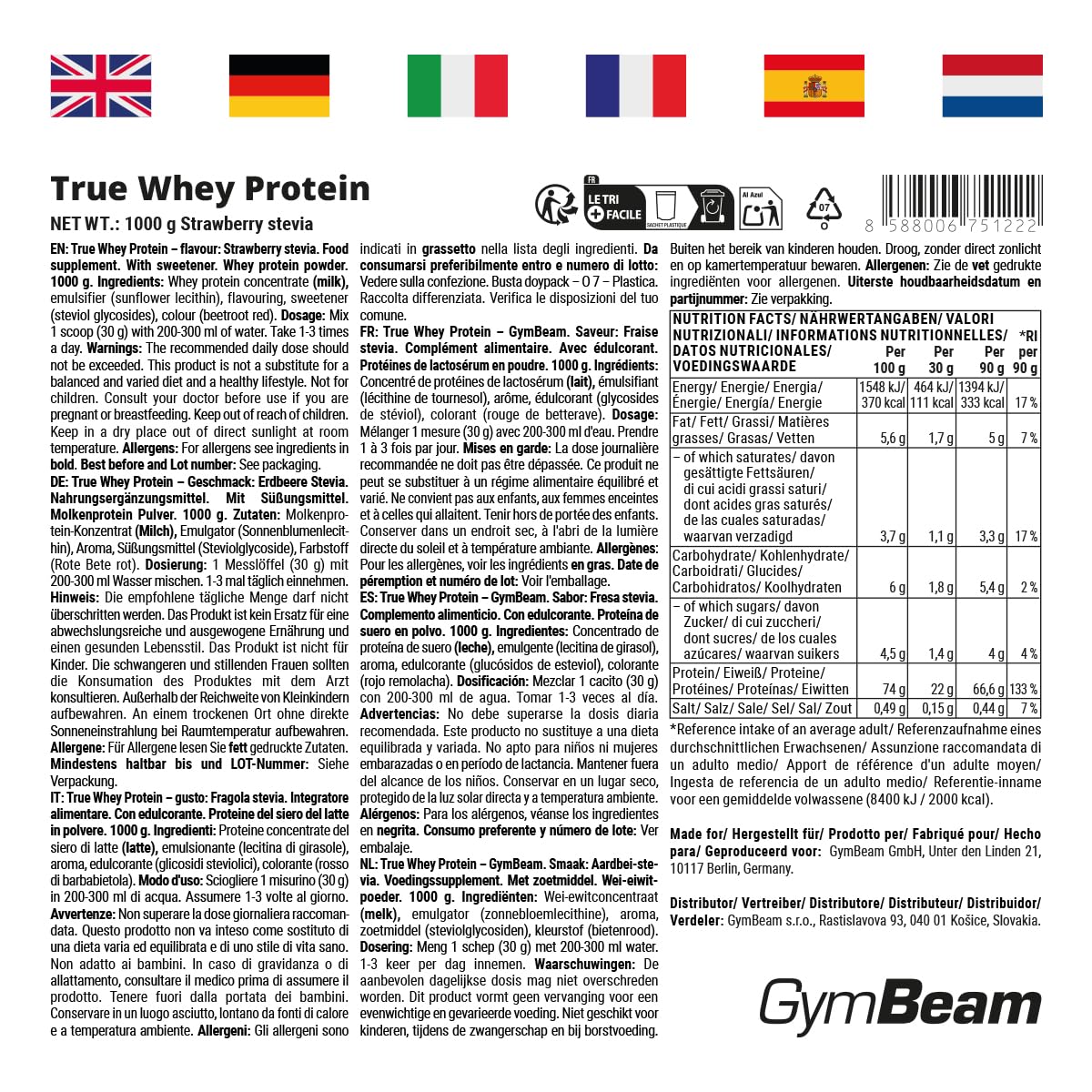 GymBeam True Whey Proteine in Polvere Fragola Stevia 1000 g
