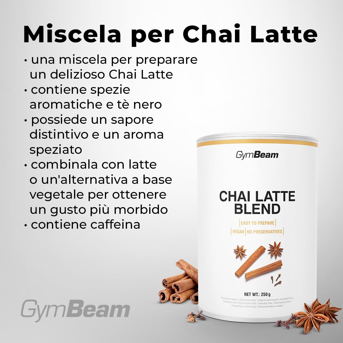 GymBeam Chai Latte 250 g miscela masala chai tè nero spezie