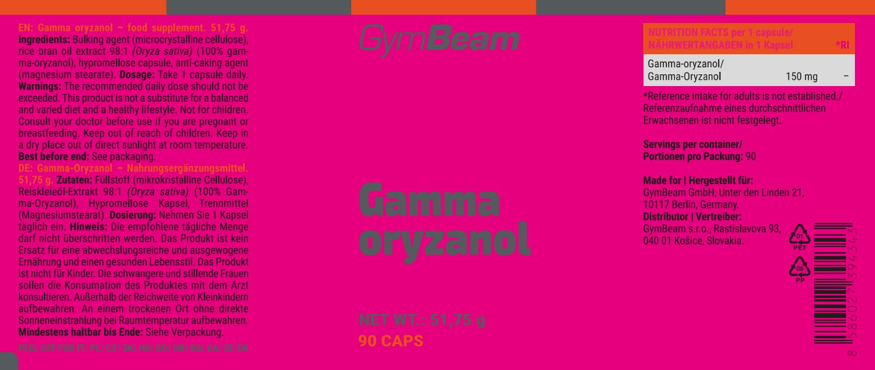 GymBeam Nutrizione Sportiva Gamma Orizanolo 150 mg capsule 90 cps