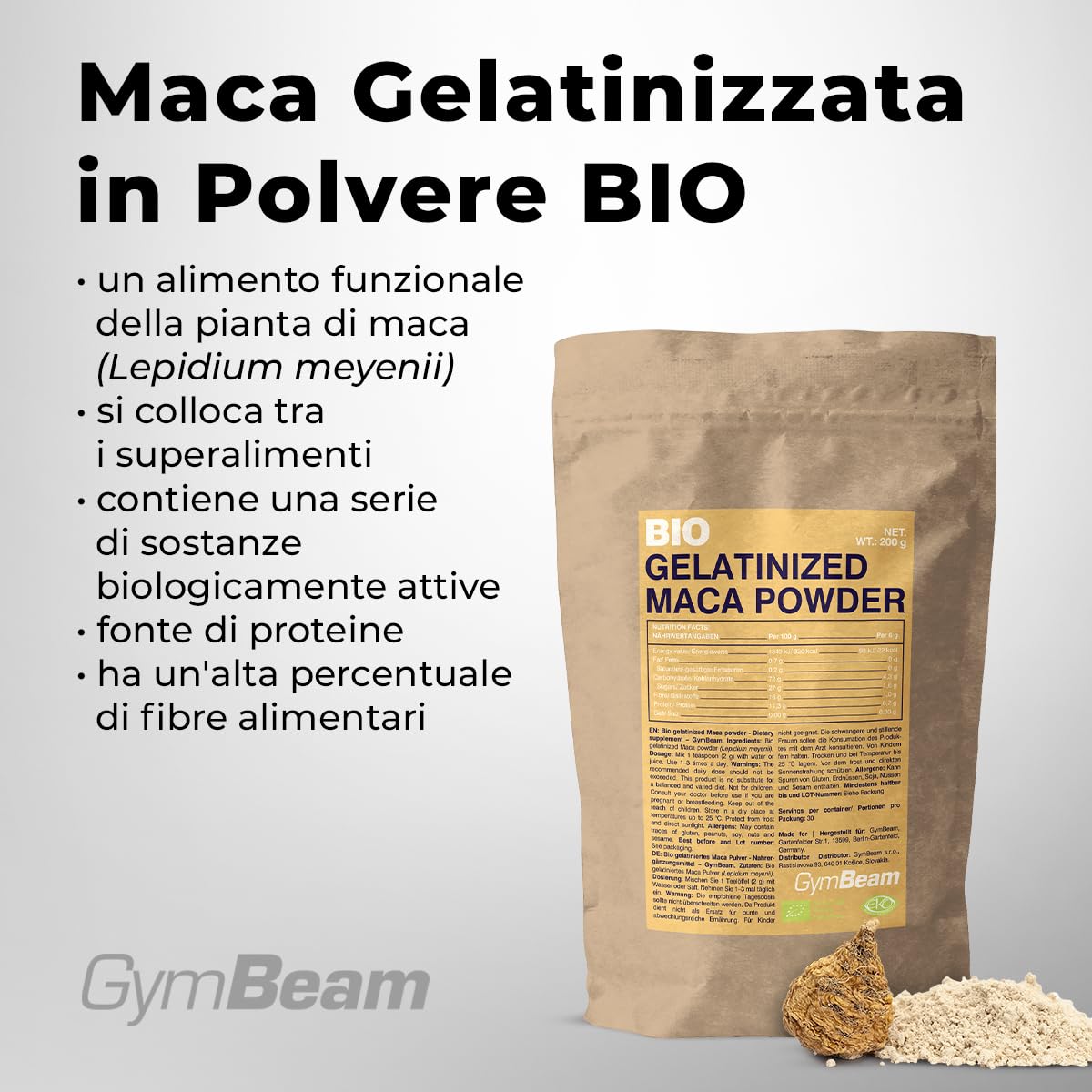 GymBeam Maca Peruviana Gelatinizzata Polvere BIO 200 g Adattogeno
