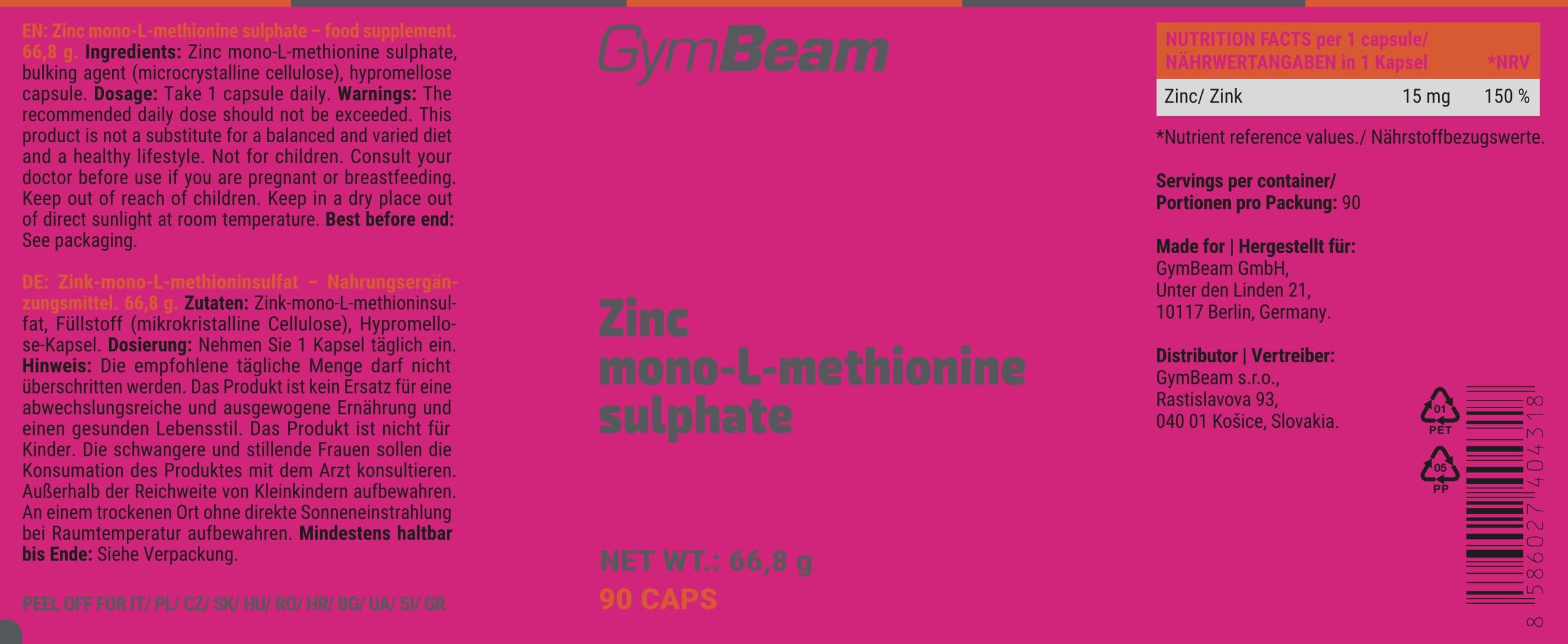 GymBeam Zinco Mono-L-Metionina Capsule Chelato Senza Glutine