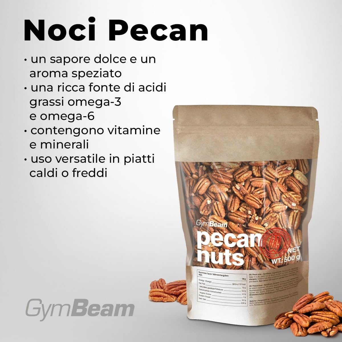 GymBeam Noci Pecan Frutta Secca 500g Omega Dolci