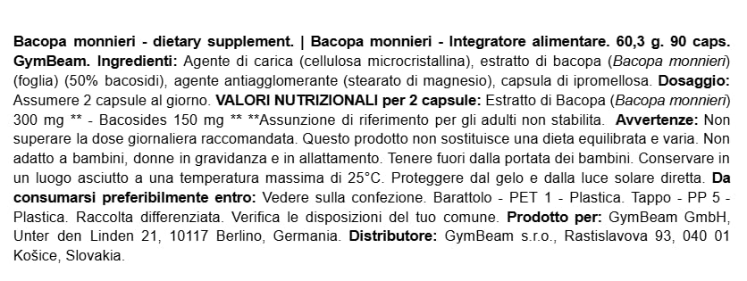 GymBeam Bacopa Monnieri Integratore 90 Capsule Bacosidi 50%