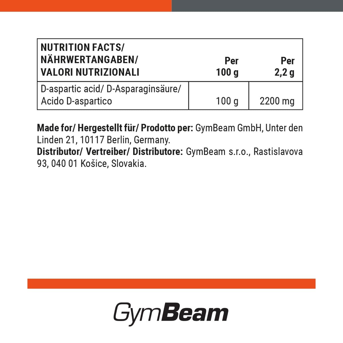 GymBeam DAA Acido D-Aspartico Polvere 250 g Vegano