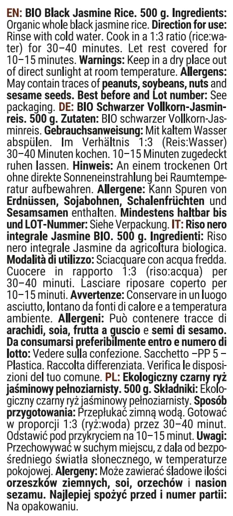 GymBeam Riso Nero Jasmine Bio 500 g Senza Glutine Integrale