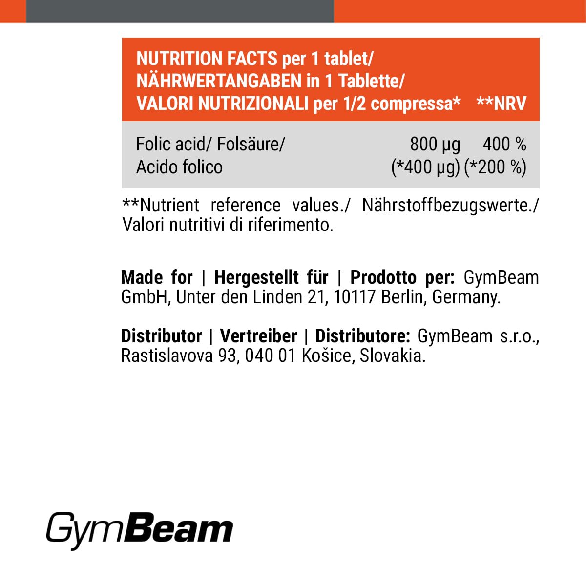 GymBeam Vitamine Acido Folico B9 800µg 90 compresse