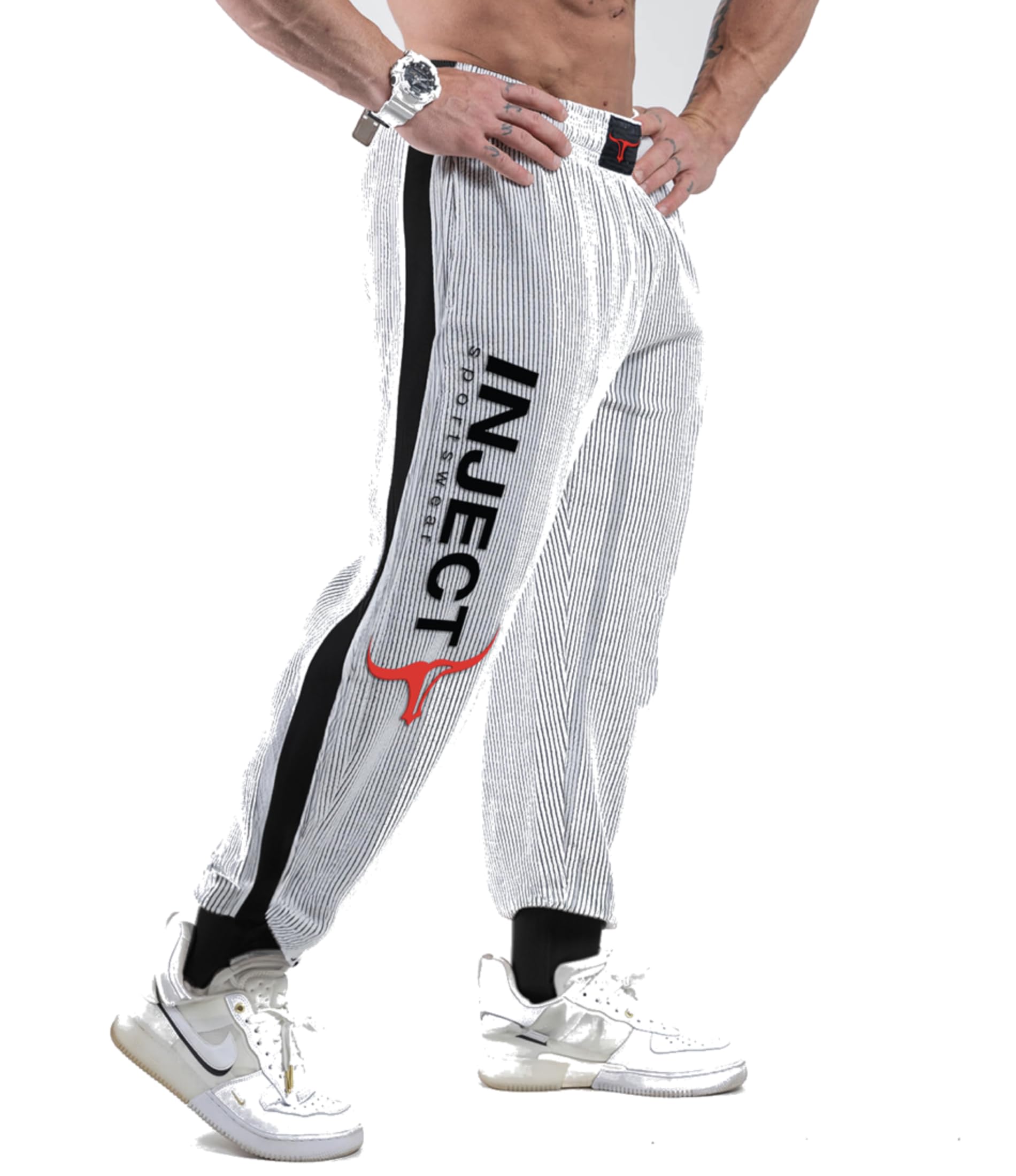 Inject Nutrition Jogger pantaloni tuta cotone costine nero bande laterali
