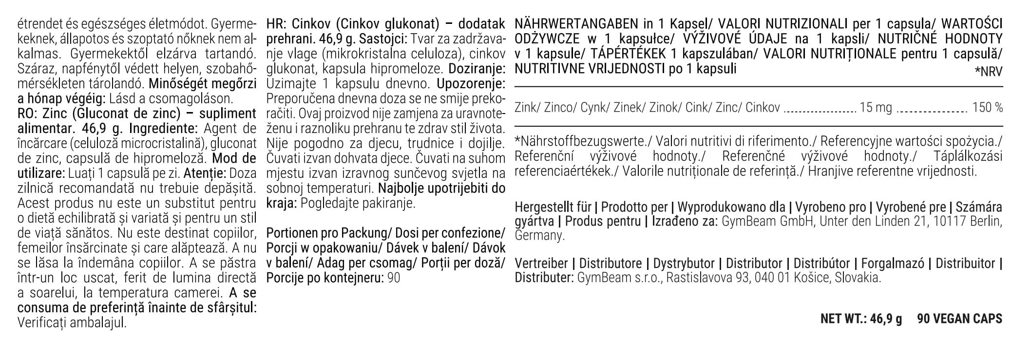 GymBeam Minerali Gluconato di Zinco Integratore Capsule Vegano