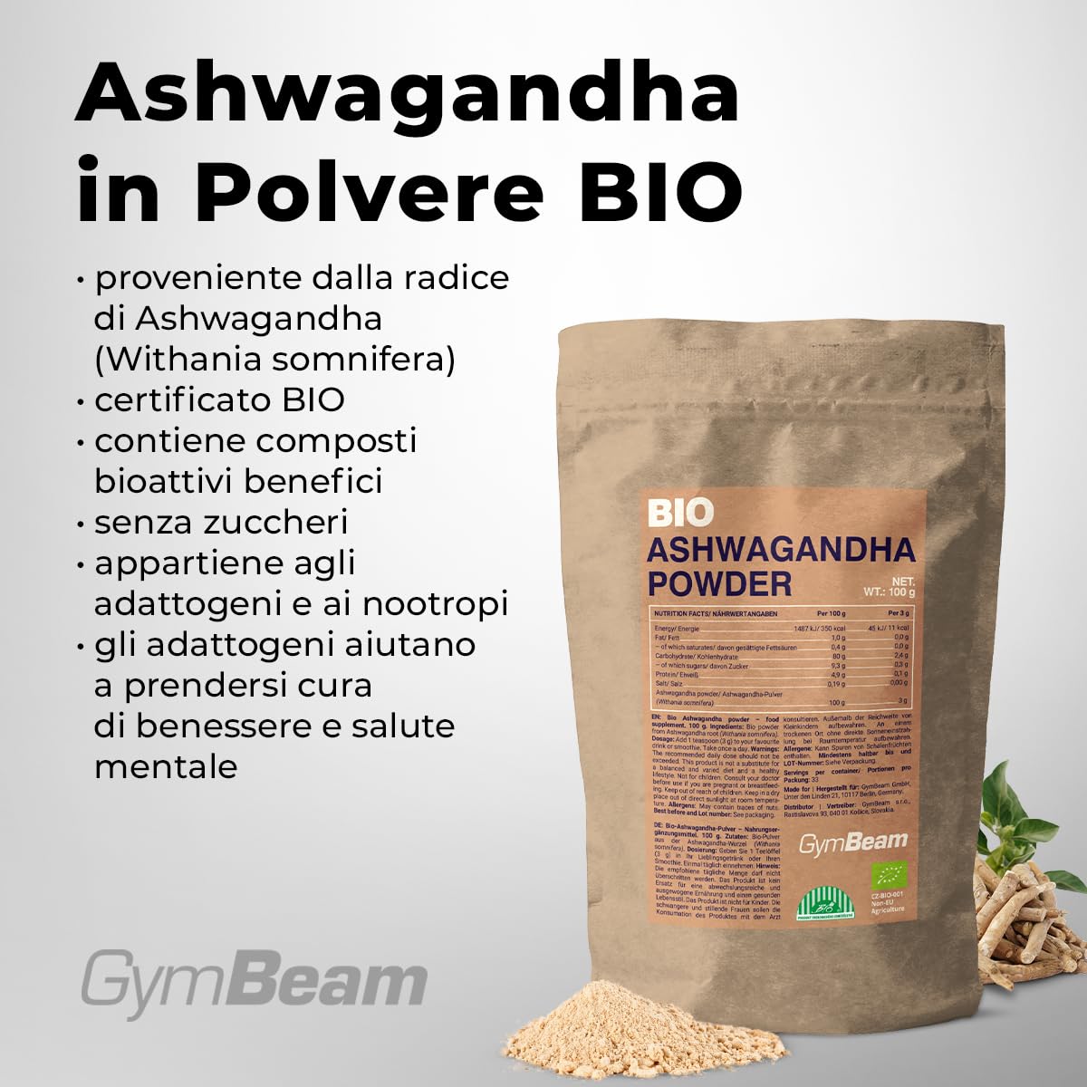 GymBeam Ashwagandha BIO Polvere 100g Adattogeno