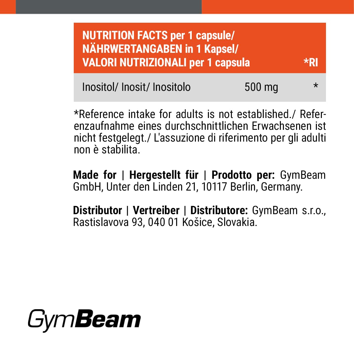 GymBeam Inositolo 500 mg Vitamina B8 120 Capsule Uso Giornaliero