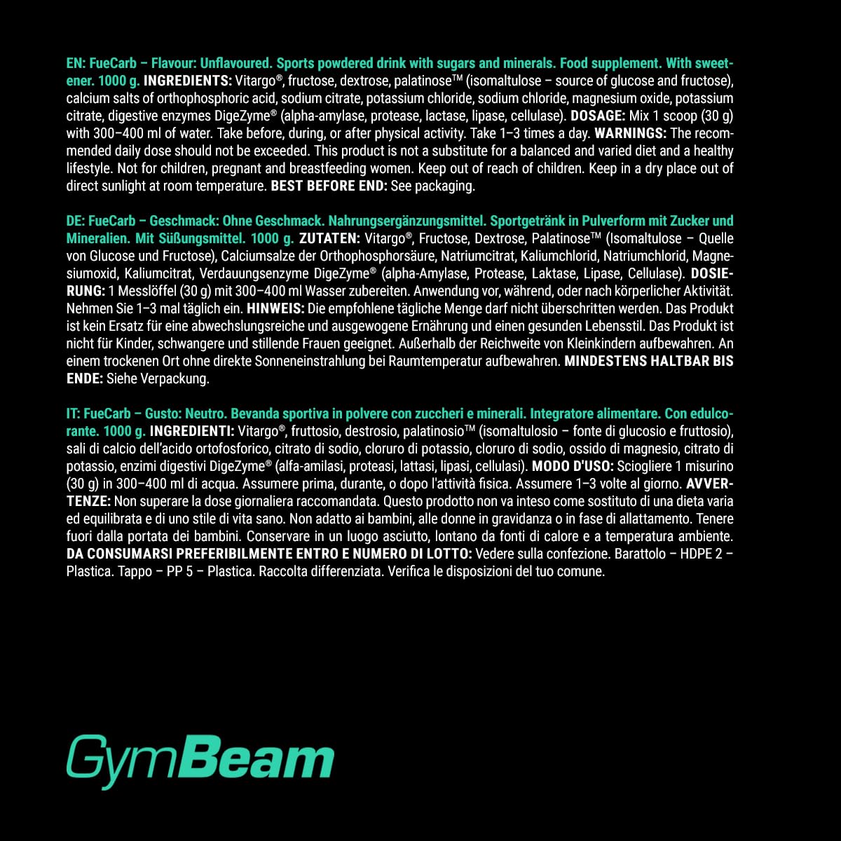 GymBeam FueCarb Carboidrati Vitargo Palatinose 1000 g Neutro